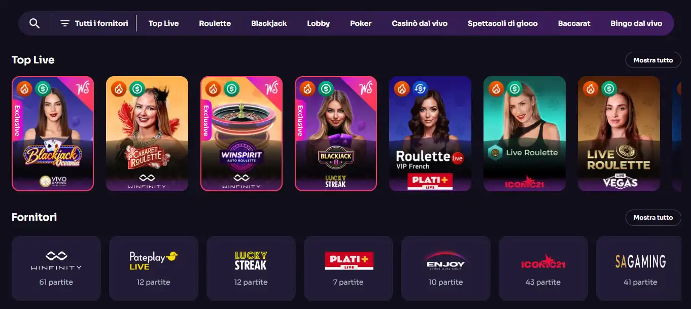 Lobby Live Casino ufficiale WinSpirit con tavoli e dealer visibili