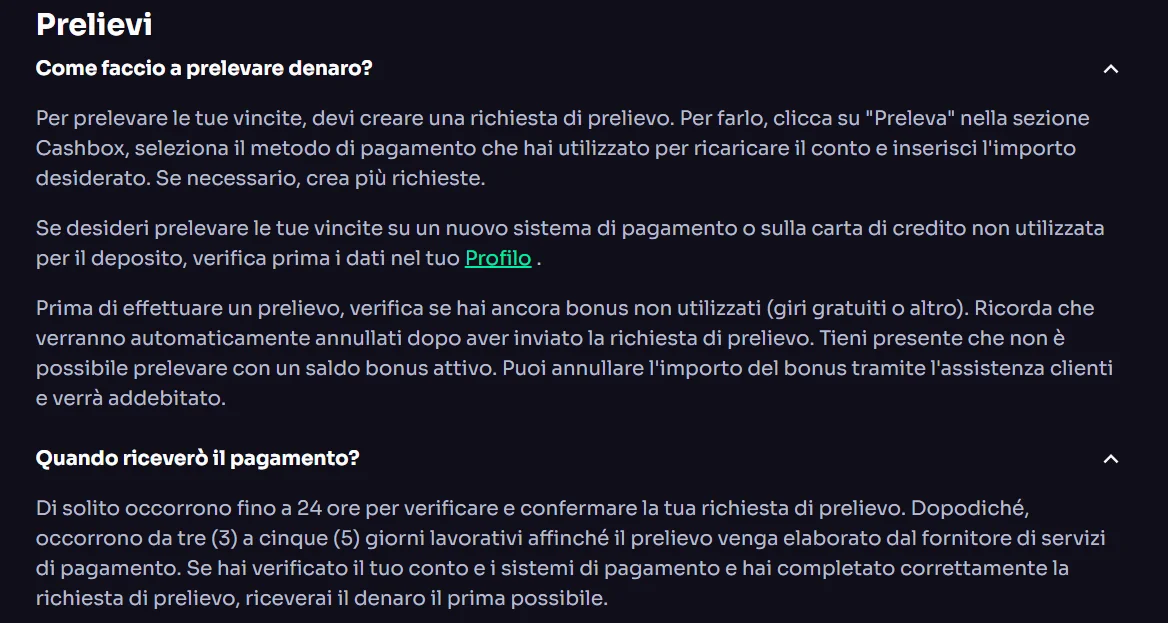 Sezione Withdrawals della FAQ ufficiale WinSpirit con istruzioni e tempi di prelievo