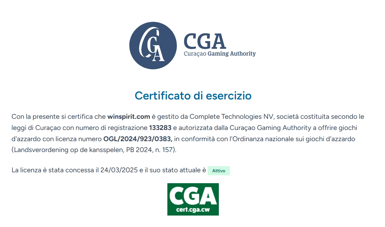 Certificato ufficiale Curaçao Gaming Authority per winspirit.com e Complete Technologies N.V.