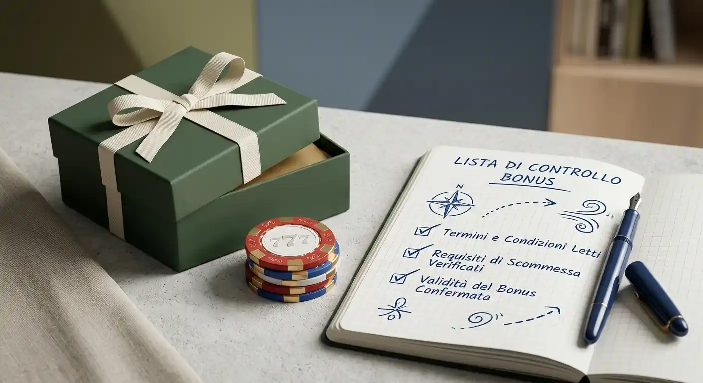 Illustrazione di un regalo, giri gratis e una checklist per valutare le condizioni di un bonus online
