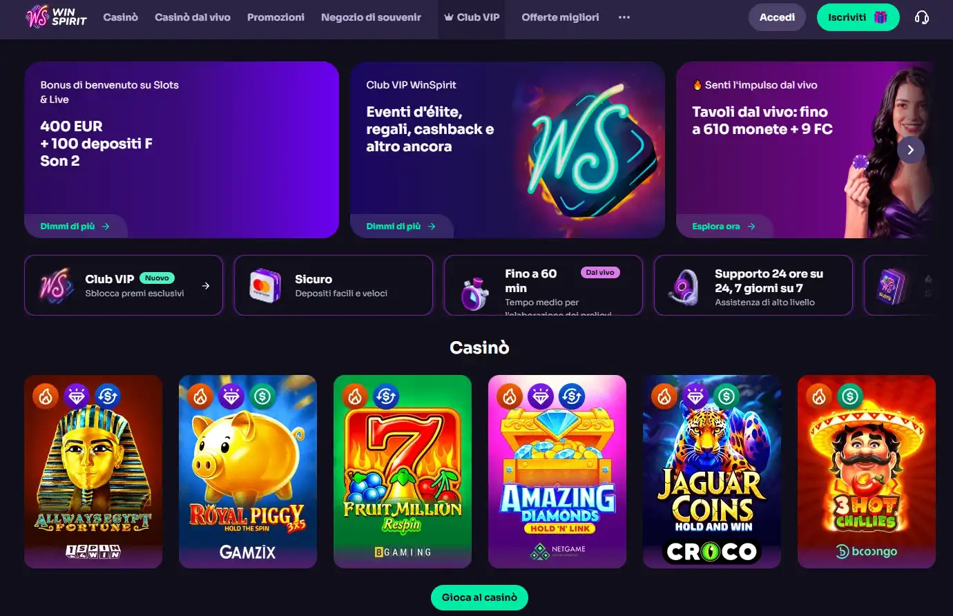 Homepage ufficiale WinSpirit con navigazione e lobby visibili