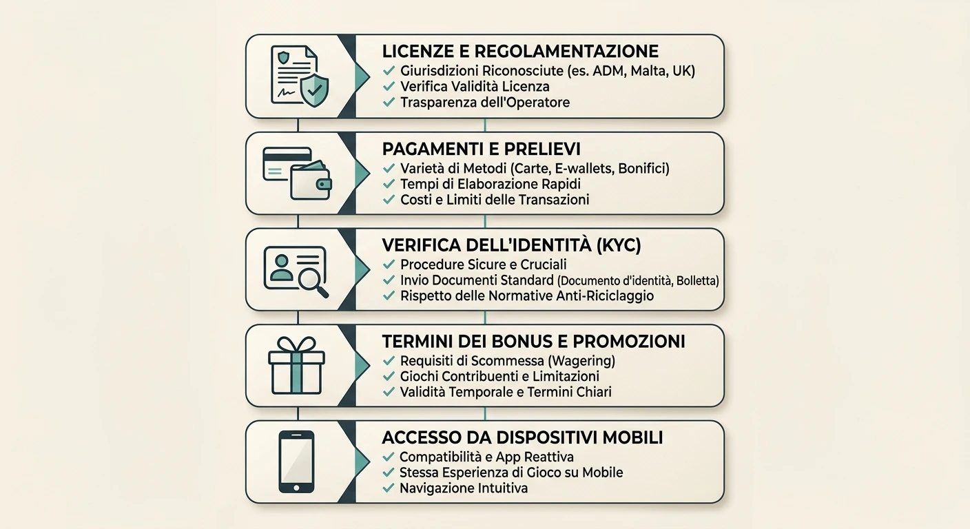 Checklist con licenza, pagamenti, KYC, bonus e mobile rappresentati da icone generiche